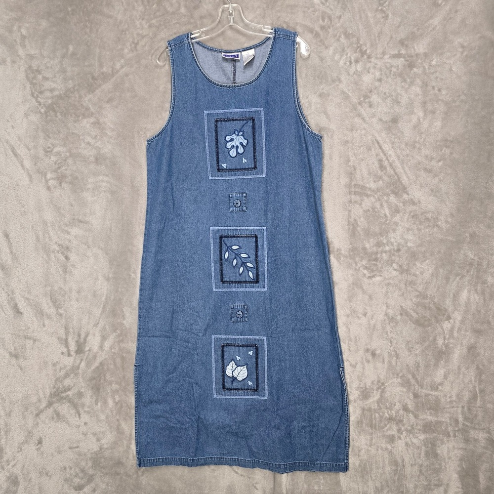 Vtg Erika &Co Denim Dress Women L Blue Embroidered Floral Sleeveless Cottagecore